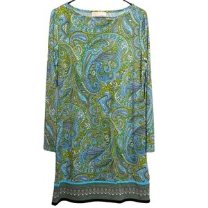 Michael Michael Kors Green Blue Paisley Boho Long Sleeve Midi Dress Size Large